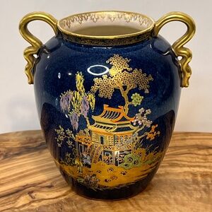 Carlton Ware Blue Lustre Mikado Vase Antique c 1930s Hand Painted Chinoiserie 5”